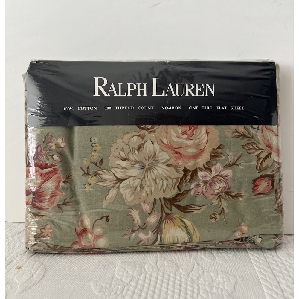 VTG NEW Ralph Lauren Full Flat Sheet Floral 100% Cotton Charlotte IV Green